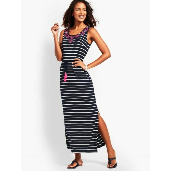 Talbots Dresses & Skirts - Talbots Navy Striped Tassel Belted Embroidered Jersey Maxi Dress X Plus XXL